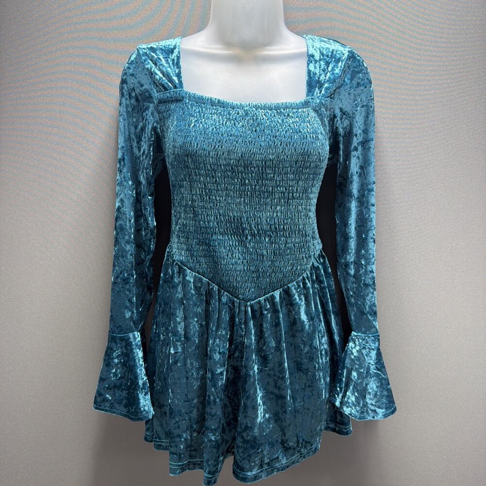 New! Kori America Romper Turquoise Velvet Bell Sleeve Mermaidcore Small Stretch